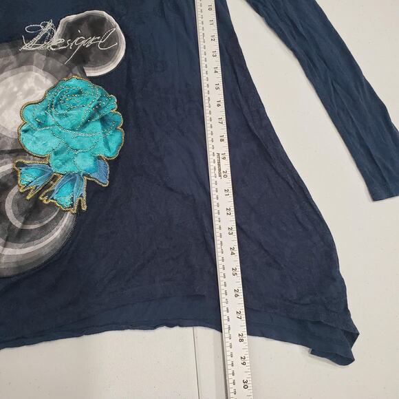 Desigual Tunic Shirt Womens Small Blue Long Sleeve Asym Hem Floral Boho - Picture 4 of 6